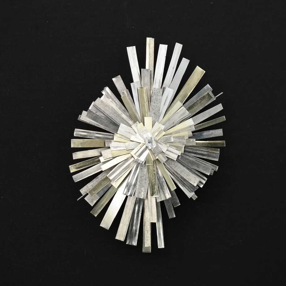‘tinfan’’ hook, re-purposed tin, wire, wood 20 cm diameter, 2015