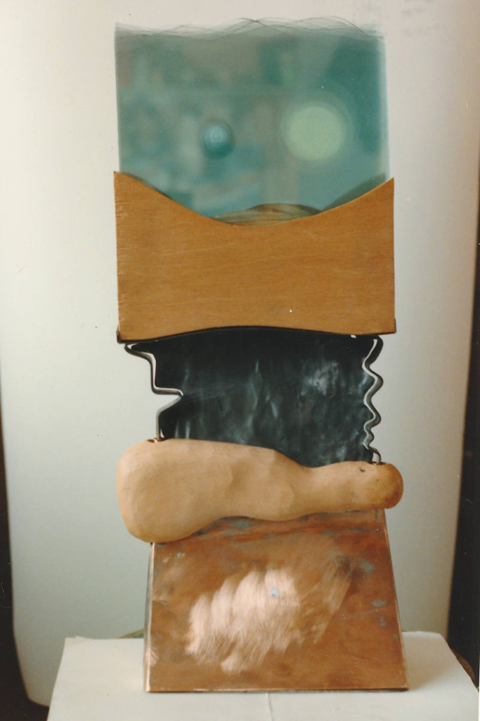 'self'', laminated glass, sandblasted, wood, metal, lead, copper. 90 x 15 x 25 cm